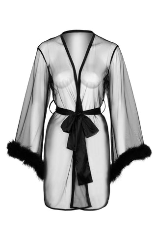 Honey Bunny Black Sheer Kimono Robe With Marabou Feather Trim - Empress Mimi